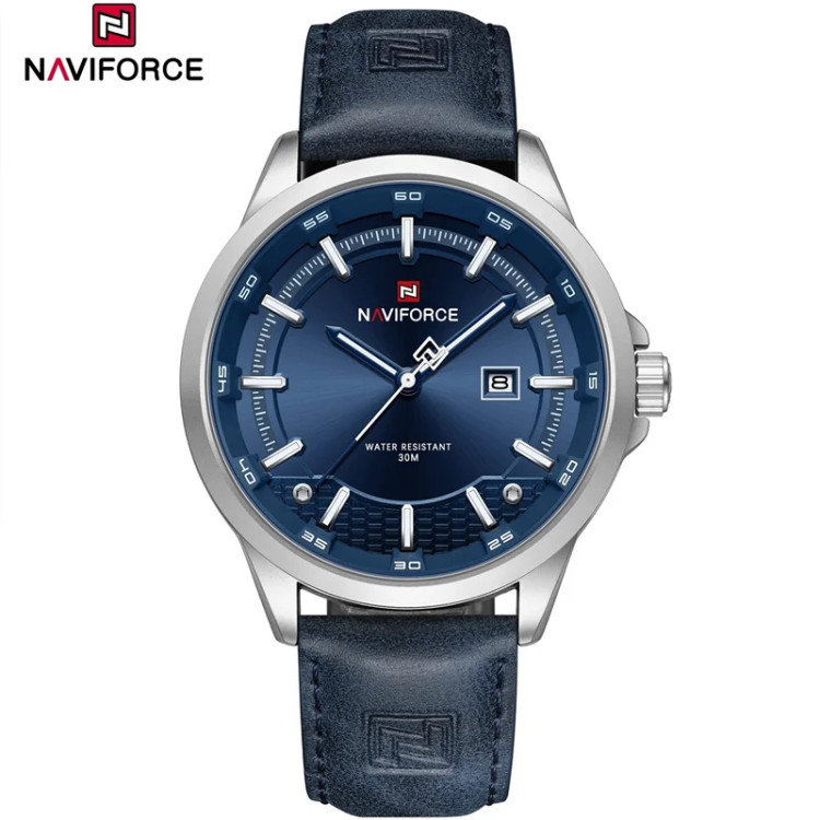 ساعت مچی مردانه Naviforce مدل NF9248 | بند چرمی آبی، صفحه آبی | اسپرت و مقاوم