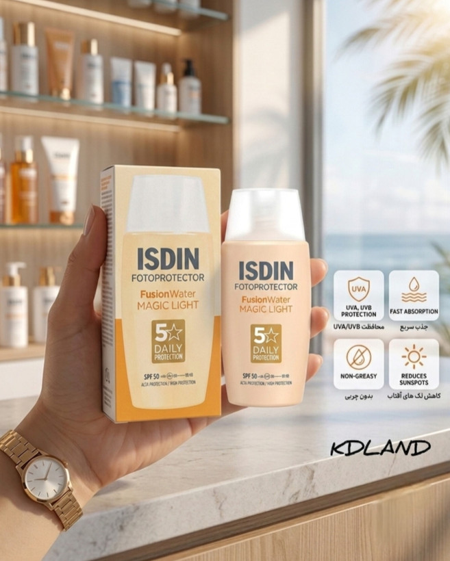 ضد آفتاب رنگی ایزدین فیوژن واتر (رنگ لایت)ISDIN Fotoprotector Fusion Water Magic Light (SPF50+ / PA++++)