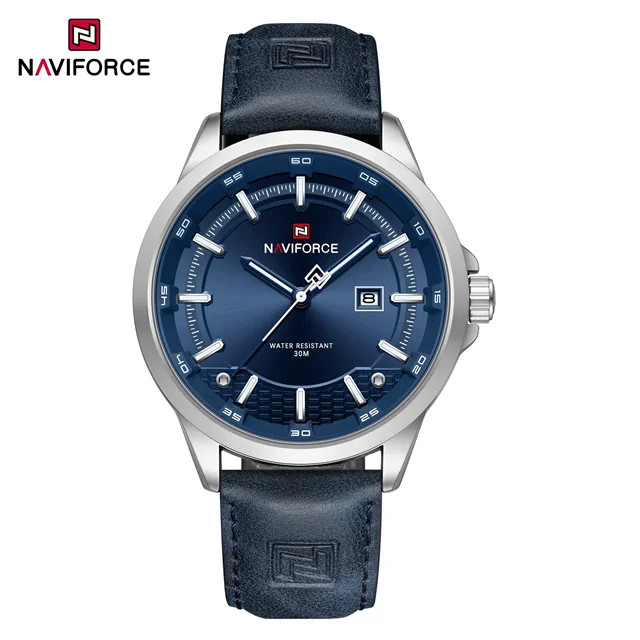 ساعت مچی مردانه Naviforce مدل NF9248 | بند چرمی آبی، صفحه آبی | اسپرت و مقاوم